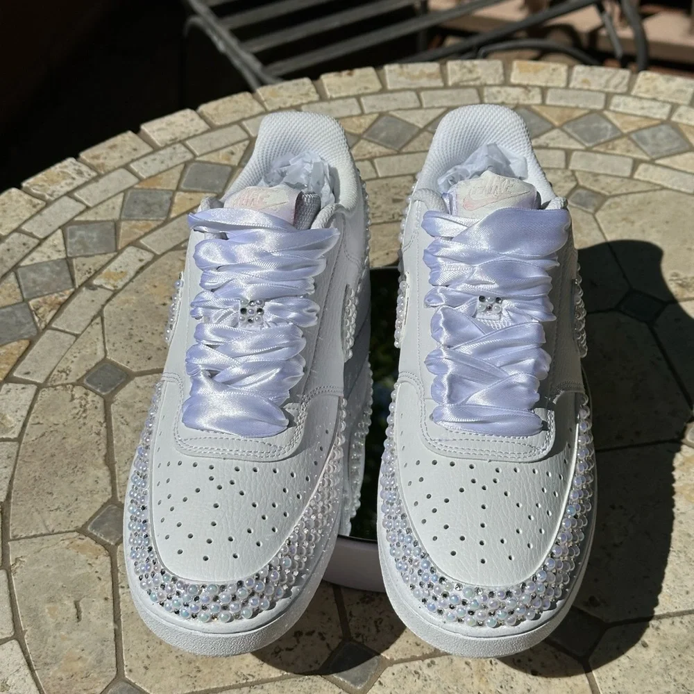 Nike Court White Pearl Sneakers, Rhinestone Wedding Pearl Shoes